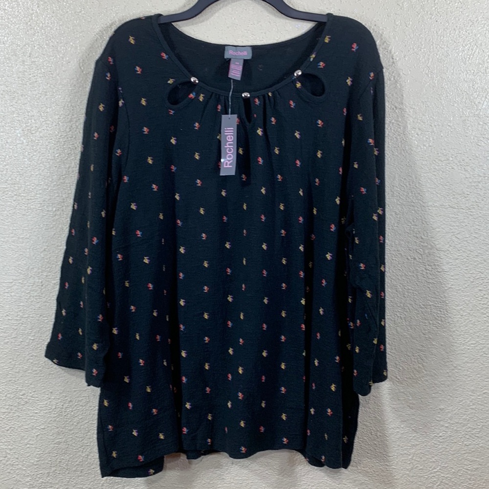 Rochelli Knit Top Blouse Black Floral NWT 3X Stretchy Long Sleeves